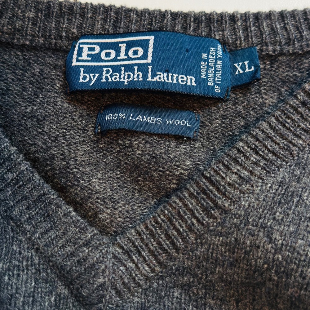 Polo Ralph Lauren‎ Mens V Neck Sweater Dark Gray 100% Lambs Wool Size XL - Picture 7 of 8